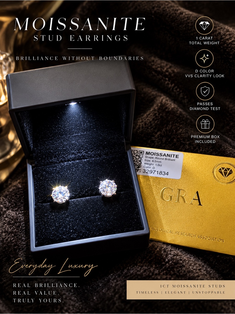 Moissanite 1ct Round Stud Earrings in White Gold Tone With LED Jewelry Box!